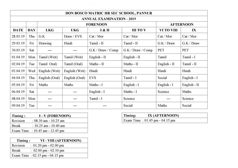 ANNUAL EXAMINATION TIME TABLE – 2019 – Don Bosco Matric Hr Sec School ...